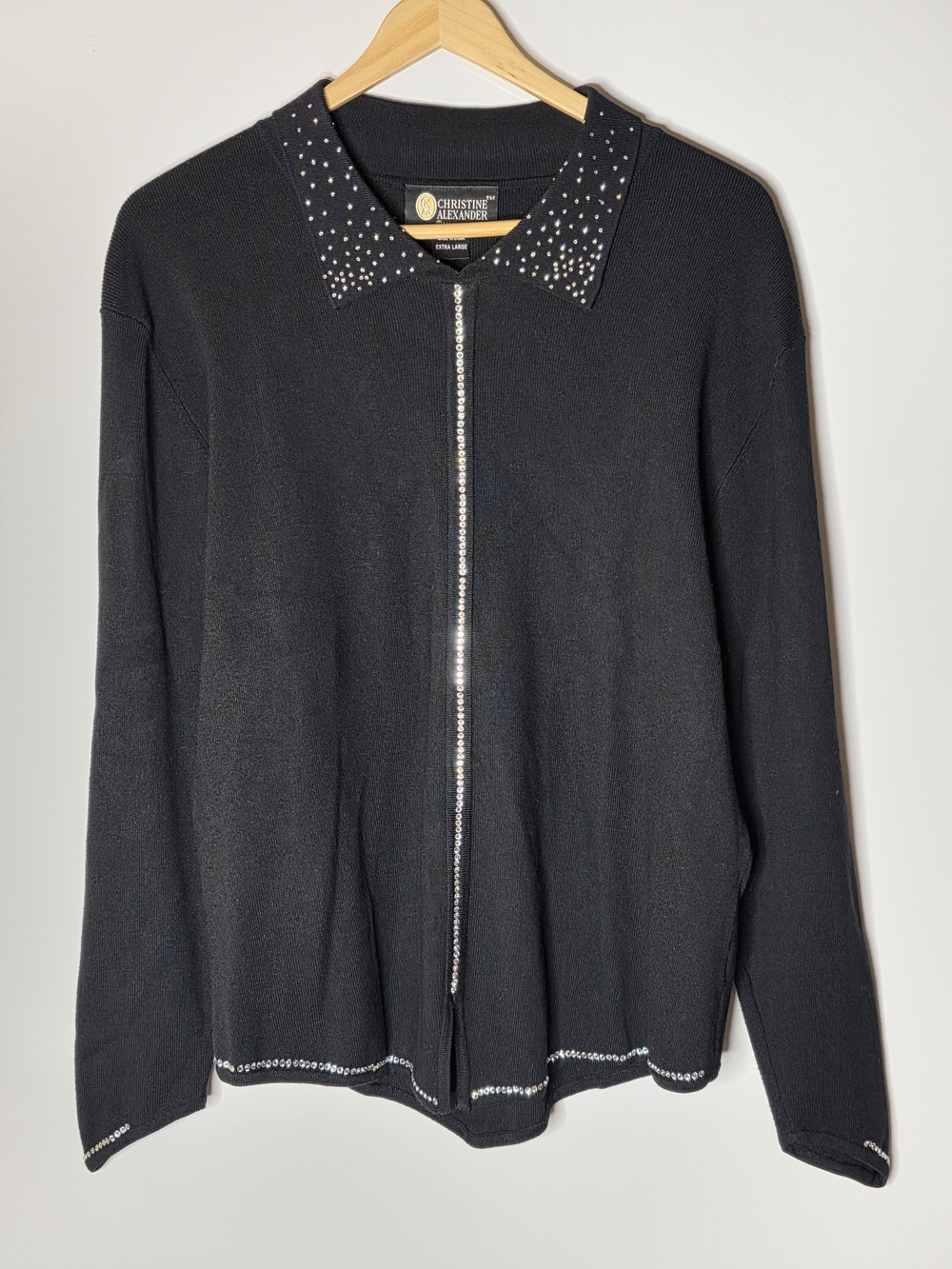 Christine Alexander Black Knit Cardigan Sweater Full Zip rhinestones Edging LAR